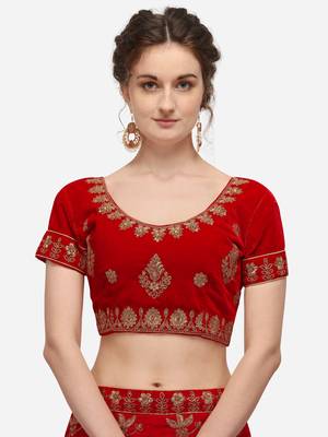 Red embroidered velvet semi stitched lehenga 3