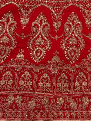 Red embroidered velvet semi stitched lehenga 4