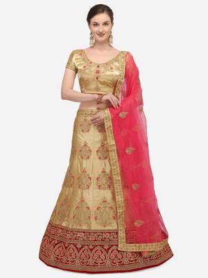 Beige embroidered silk semi stitched lehenga 1
