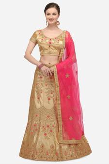 Beige embroidered silk semi stitched lehenga