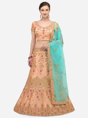 Peach embroidered silk semi stitched lehenga 1