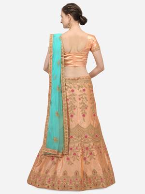 Peach embroidered silk semi stitched lehenga 2