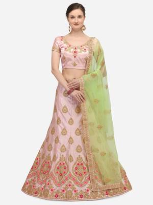 Pink embroidered silk semi stitched lehenga 1