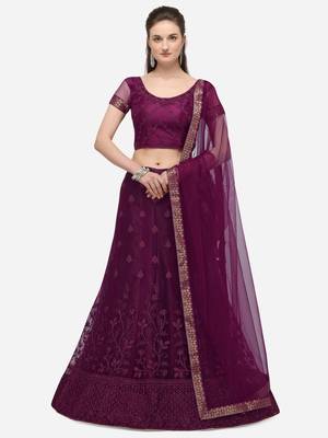 Purple embroidered net semi stitched lehenga 1