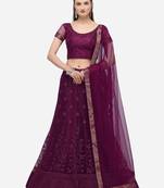 Purple embroidered net semi stitched lehenga