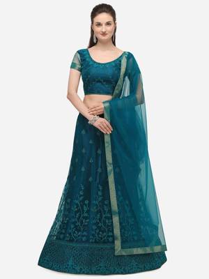 Blue embroidered net semi stitched lehenga 1