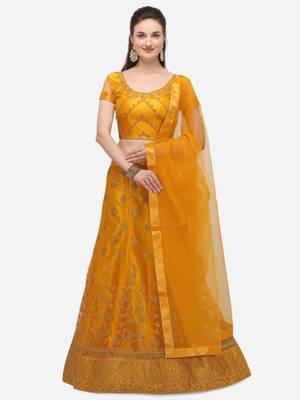 Yellow embroidered net semi stitched lehenga 1