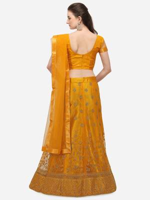 Yellow embroidered net semi stitched lehenga 2