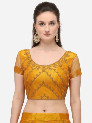 Yellow embroidered net semi stitched lehenga 3