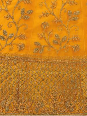 Yellow embroidered net semi stitched lehenga 4