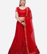 Red embroidered net semi stitched lehenga