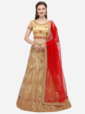 Beige embroidered net semi stitched lehenga 1