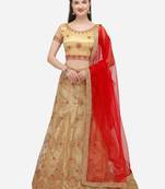Beige embroidered net semi stitched lehenga