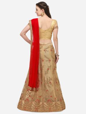 Beige embroidered net semi stitched lehenga 2