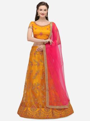 Yellow embroidered net semi stitched lehenga 1