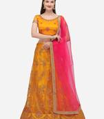 Yellow embroidered net semi stitched lehenga