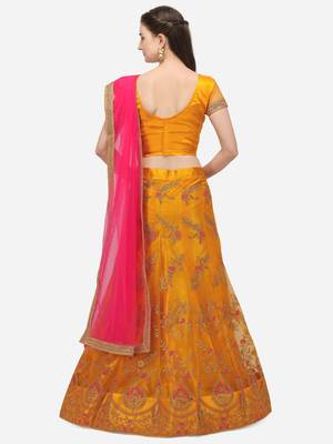 Yellow embroidered net semi stitched lehenga 2