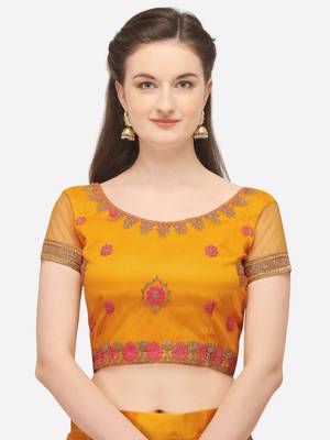 Yellow embroidered net semi stitched lehenga 3