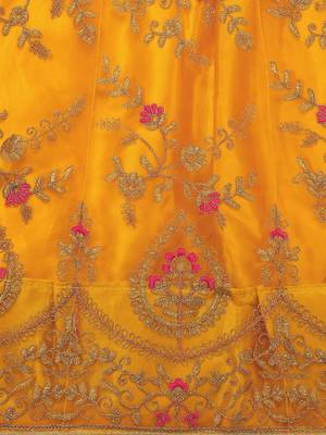 Yellow embroidered net semi stitched lehenga 4