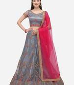 Grey embroidered net semi stitched lehenga