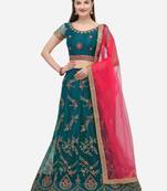 Blue embroidered net semi stitched lehenga