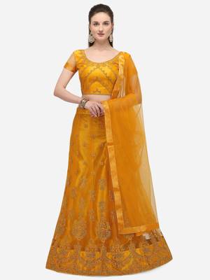 Yellow embroidered net semi stitched lehenga 1