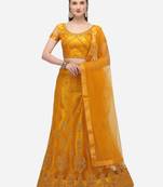 Yellow embroidered net semi stitched lehenga