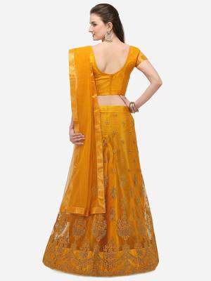 Yellow embroidered net semi stitched lehenga 2