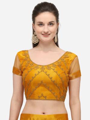 Yellow embroidered net semi stitched lehenga 3