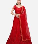 Red embroidered net semi stitched lehenga