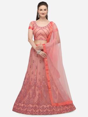 Peach embroidered net semi stitched lehenga 1