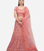 Peach embroidered net semi stitched lehenga
