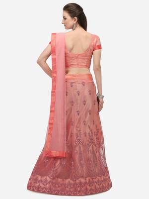 Peach embroidered net semi stitched lehenga 2