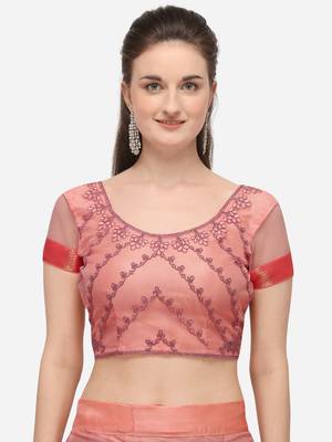 Peach embroidered net semi stitched lehenga 3
