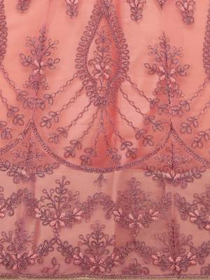 Peach embroidered net semi stitched lehenga 4