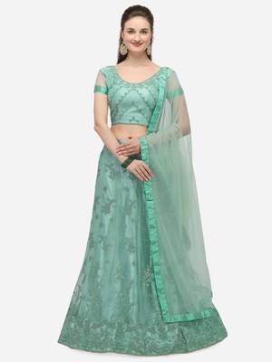 Sea-green embroidered net semi stitched lehenga 1