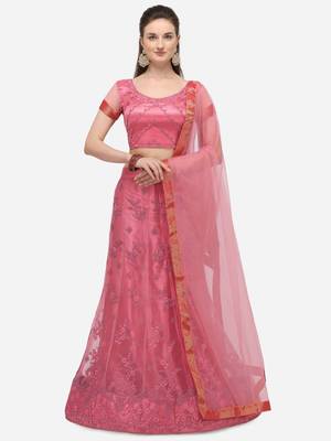 Pink embroidered net semi stitched lehenga 1