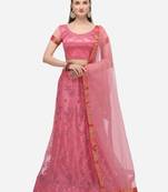 Pink embroidered net semi stitched lehenga