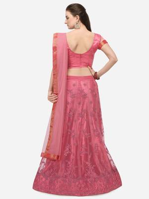 Pink embroidered net semi stitched lehenga 2