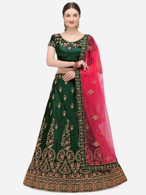 Green embroidered silk semi stitched lehenga 1