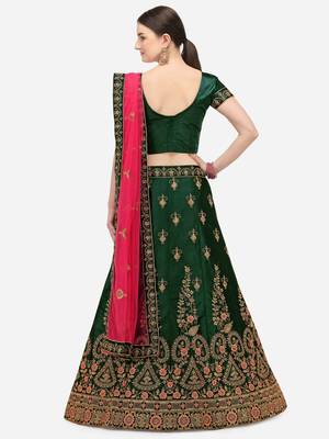 Green embroidered silk semi stitched lehenga 2