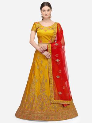 Yellow embroidered silk semi stitched lehenga 1