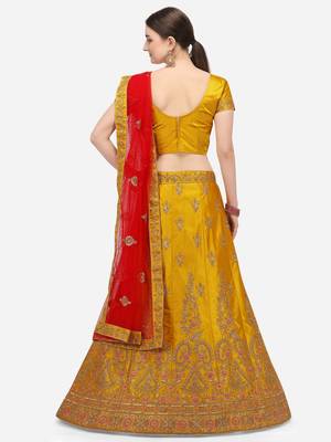 Yellow embroidered silk semi stitched lehenga 2