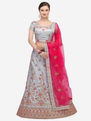 Grey embroidered silk semi stitched lehenga 1