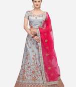 Grey embroidered silk semi stitched lehenga