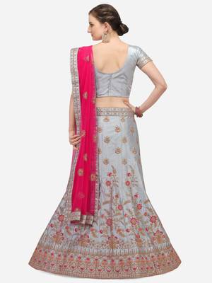Grey embroidered silk semi stitched lehenga 2