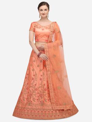 Peach embroidered silk semi stitched lehenga 1
