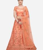 Peach embroidered silk semi stitched lehenga