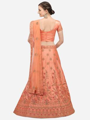 Peach embroidered silk semi stitched lehenga 2