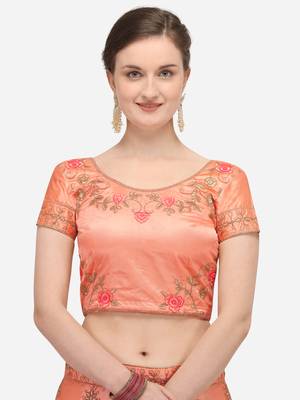 Peach embroidered silk semi stitched lehenga 3